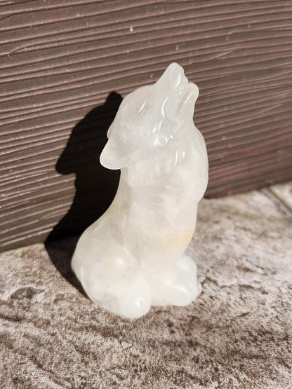 Carved Clear Quartz Jasper Howling Wolf Crystal with Golden Healer Inclusions, All Natural Crystal