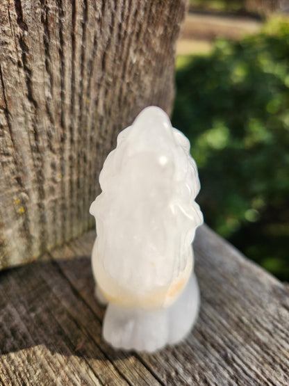 Carved Clear Quartz Jasper Howling Wolf Crystal with Golden Healer Inclusions, All Natural Crystal