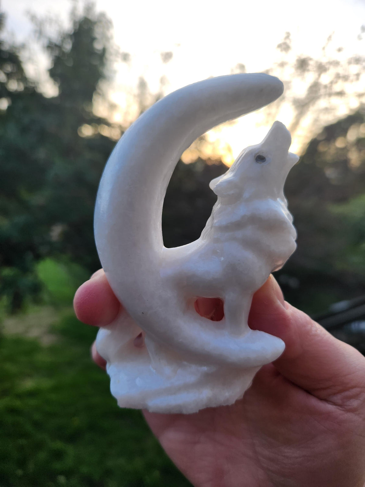 Carved White Calcite Howling Wolf with Moon Crystal, All Natural Crystal