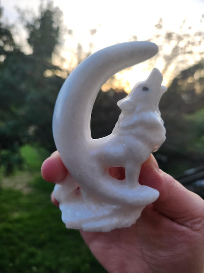 Carved White Calcite Howling Wolf with Moon Crystal, All Natural Crystal