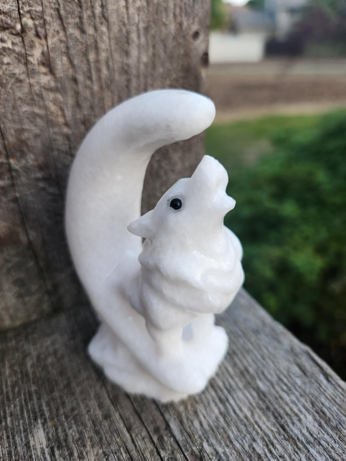 Carved White Calcite Howling Wolf with Moon Crystal, All Natural Crystal