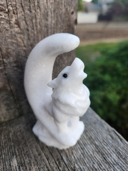 Carved White Calcite Howling Wolf with Moon Crystal, All Natural Crystal