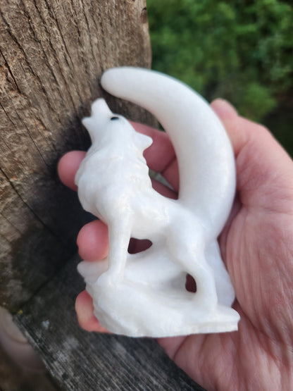 Carved White Calcite Howling Wolf with Moon Crystal, All Natural Crystal