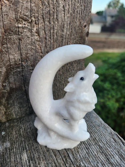 Carved White Calcite Howling Wolf with Moon Crystal, All Natural Crystal