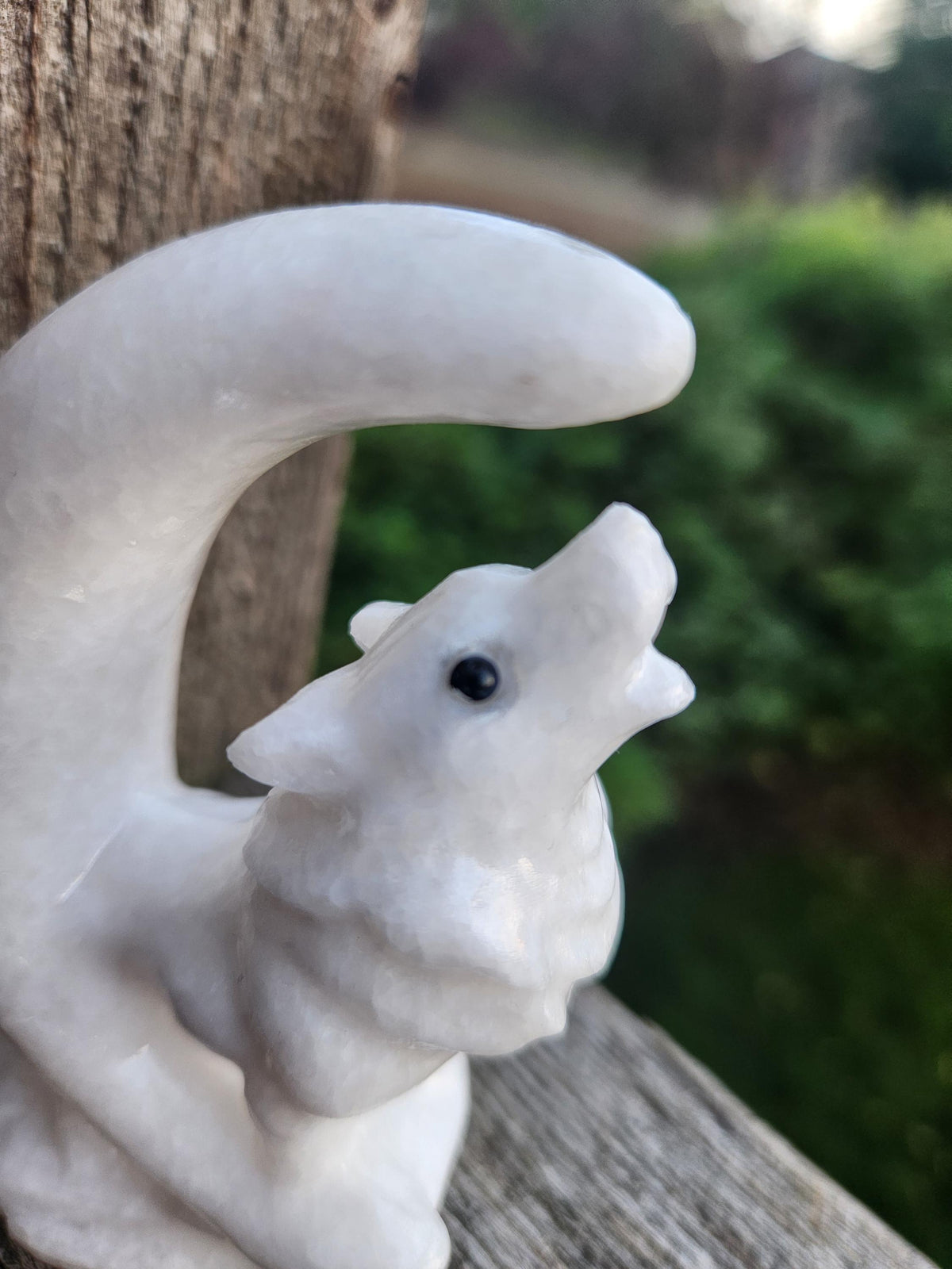 Carved White Calcite Howling Wolf with Moon Crystal, All Natural Crystal