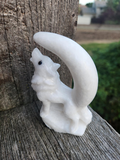 Carved White Calcite Howling Wolf with Moon Crystal, All Natural Crystal