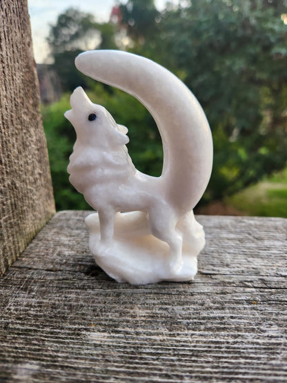Carved White Calcite Howling Wolf with Moon Crystal, All Natural Crystal
