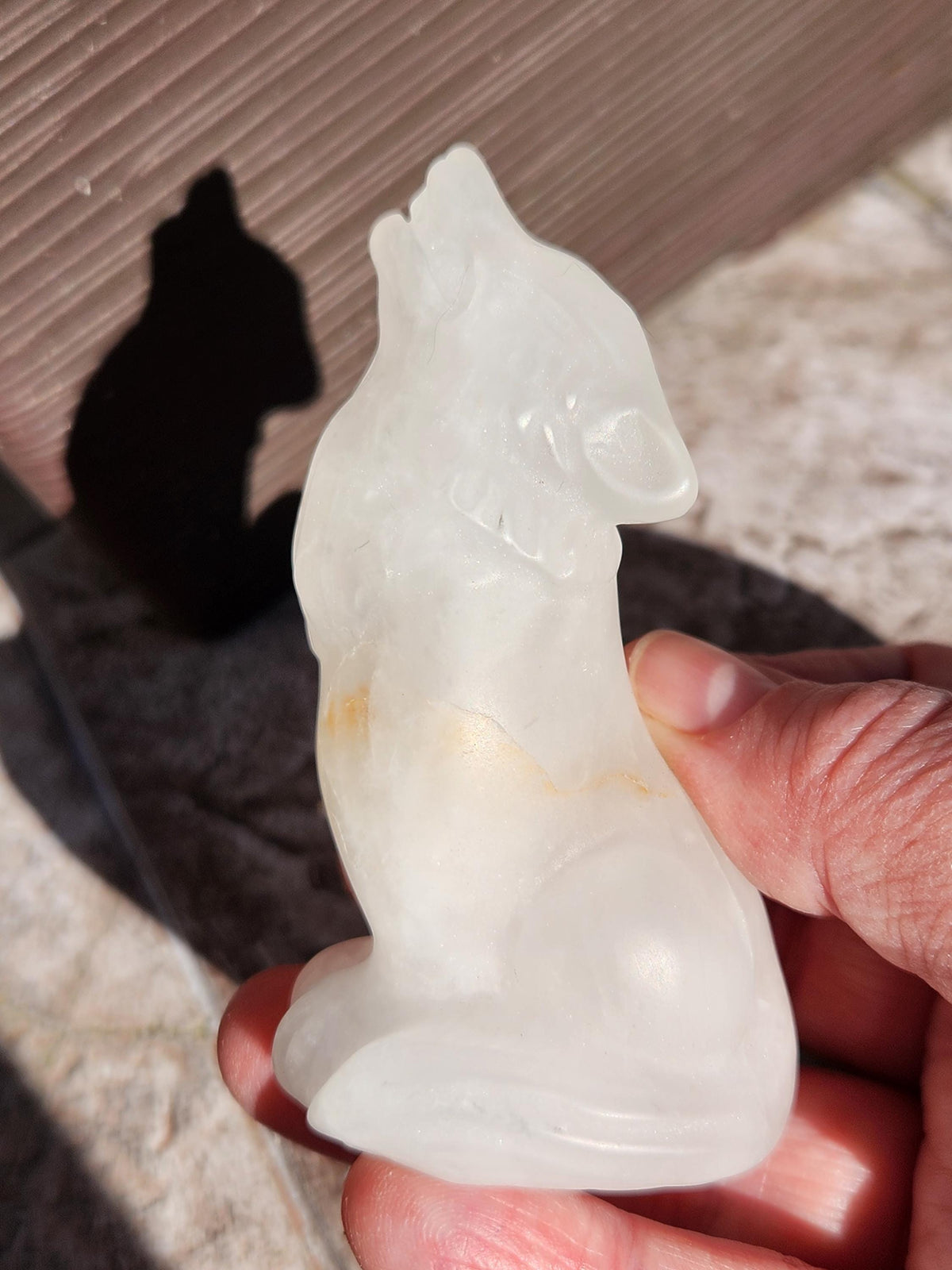 Carved Clear Quartz Jasper Howling Wolf Crystal with Golden Healer Inclusions, All Natural Crystal