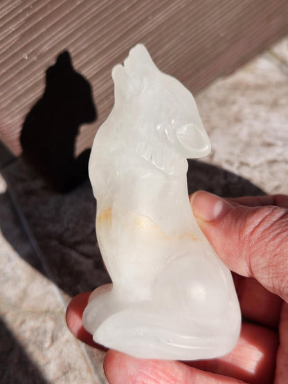 Carved Clear Quartz Jasper Howling Wolf Crystal with Golden Healer Inclusions, All Natural Crystal