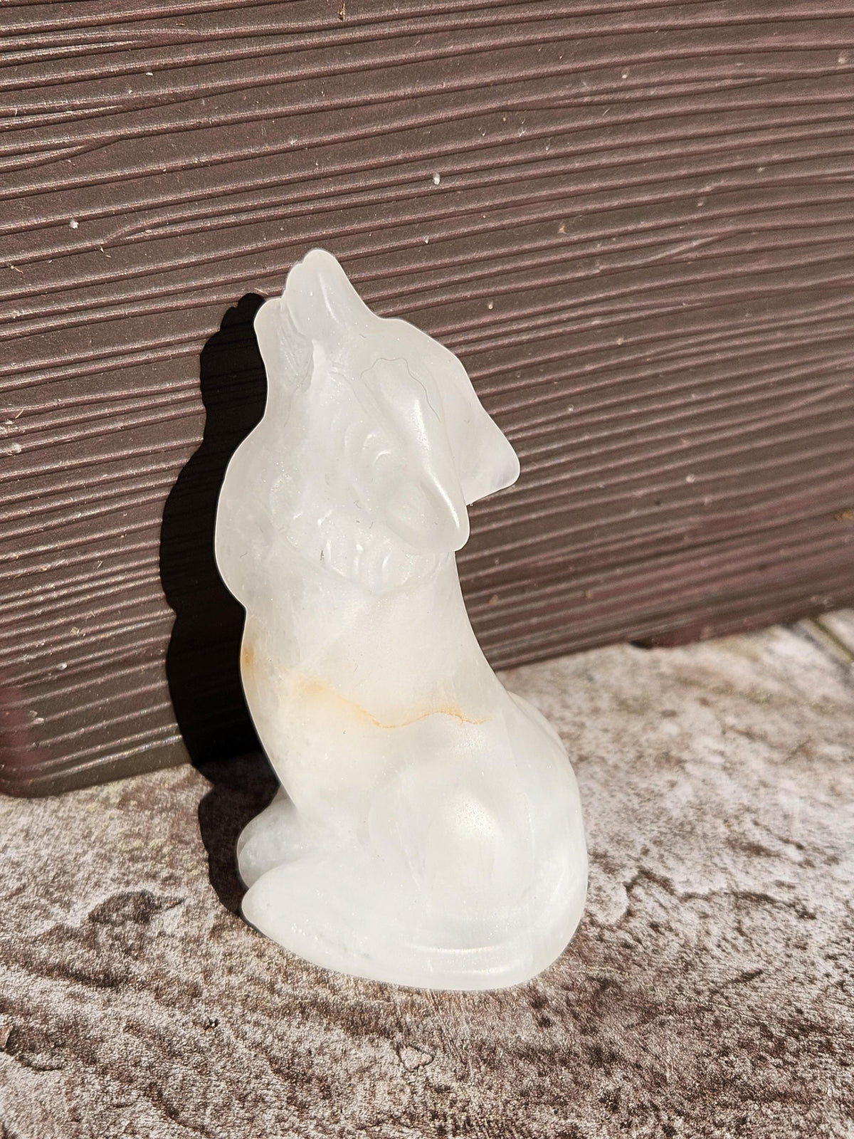 Carved Clear Quartz Jasper Howling Wolf Crystal with Golden Healer Inclusions, All Natural Crystal