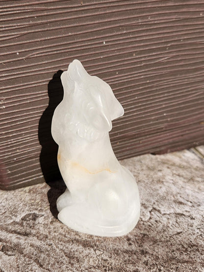 Carved Clear Quartz Jasper Howling Wolf Crystal with Golden Healer Inclusions, All Natural Crystal