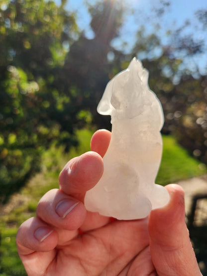 Carved Clear Quartz Jasper Howling Wolf Crystal with Golden Healer Inclusions, All Natural Crystal