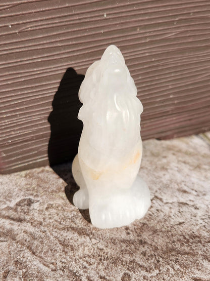 Carved Clear Quartz Jasper Howling Wolf Crystal with Golden Healer Inclusions, All Natural Crystal