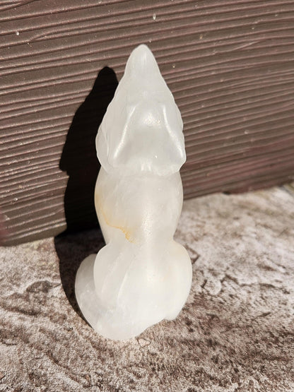 Carved Clear Quartz Jasper Howling Wolf Crystal with Golden Healer Inclusions, All Natural Crystal