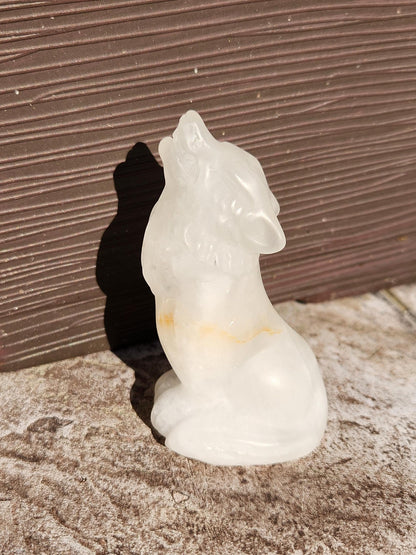 Carved Clear Quartz Jasper Howling Wolf Crystal with Golden Healer Inclusions, All Natural Crystal