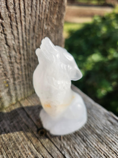 Carved Clear Quartz Jasper Howling Wolf Crystal with Golden Healer Inclusions, All Natural Crystal