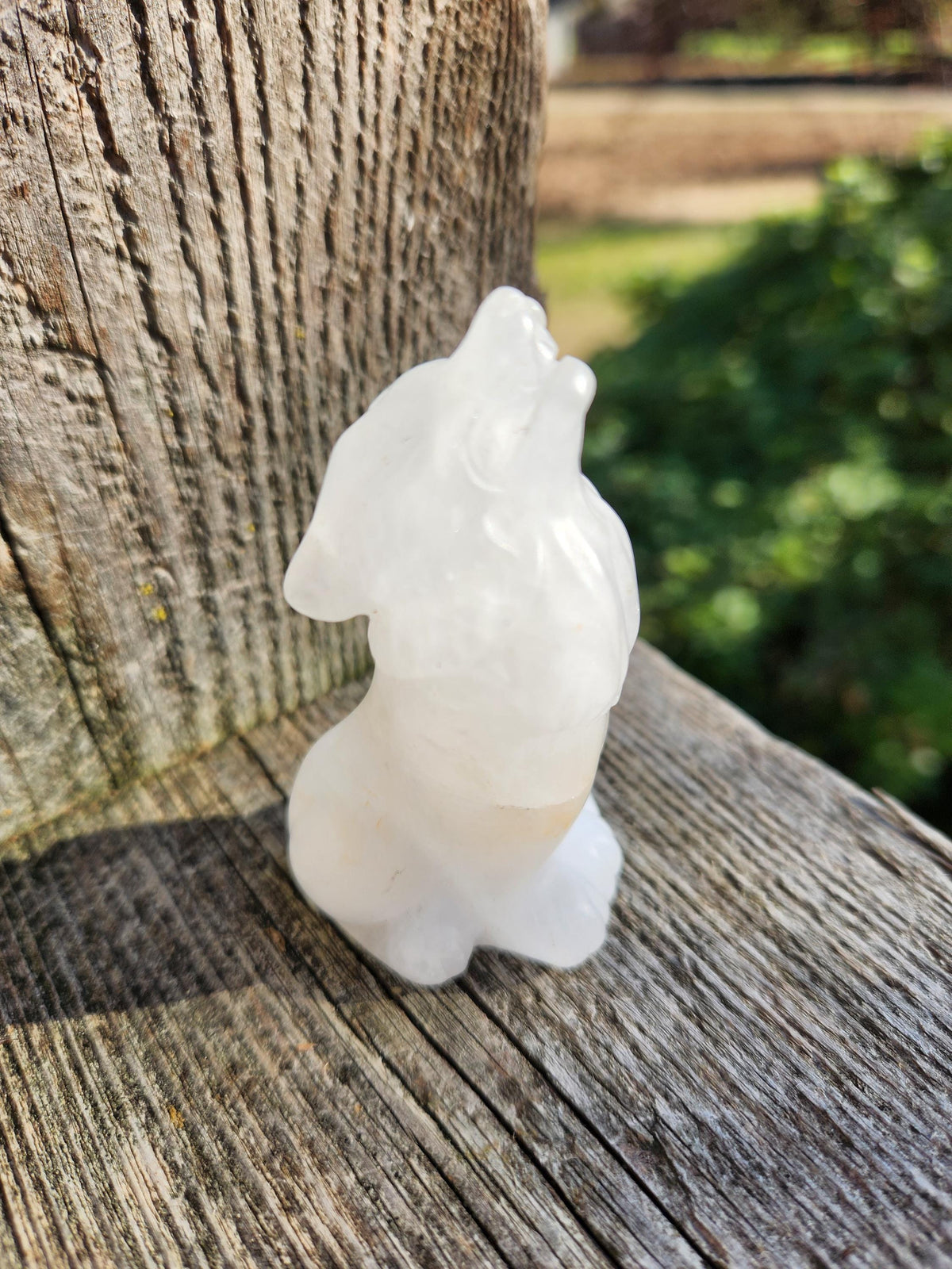 Carved Clear Quartz Jasper Howling Wolf Crystal with Golden Healer Inclusions, All Natural Crystal