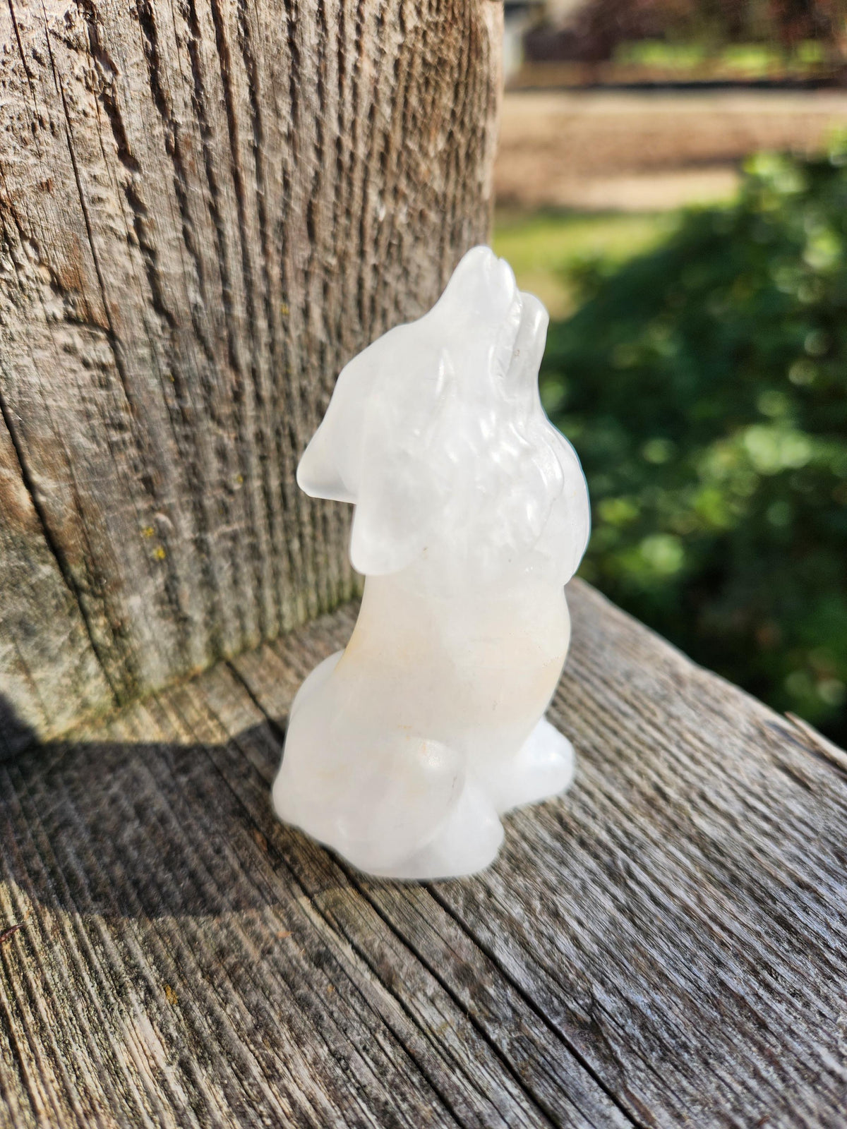 Carved Clear Quartz Jasper Howling Wolf Crystal with Golden Healer Inclusions, All Natural Crystal