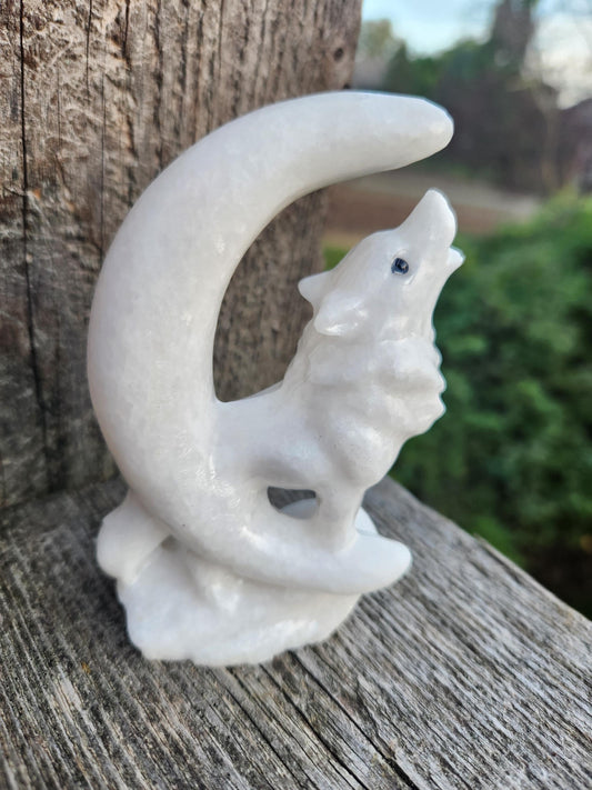 Carved White Calcite Howling Wolf with Moon Crystal, All Natural Crystal