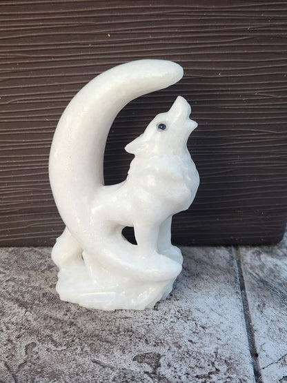 Carved White Calcite Howling Wolf with Moon Crystal, All Natural Crystal