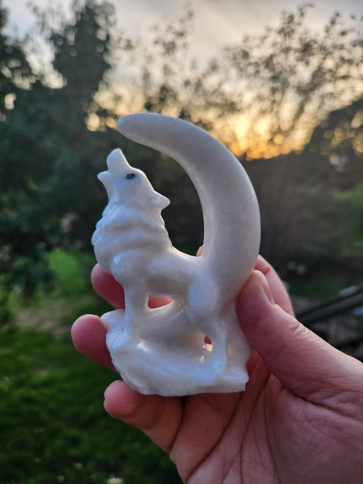 Carved White Calcite Howling Wolf with Moon Crystal, All Natural Crystal