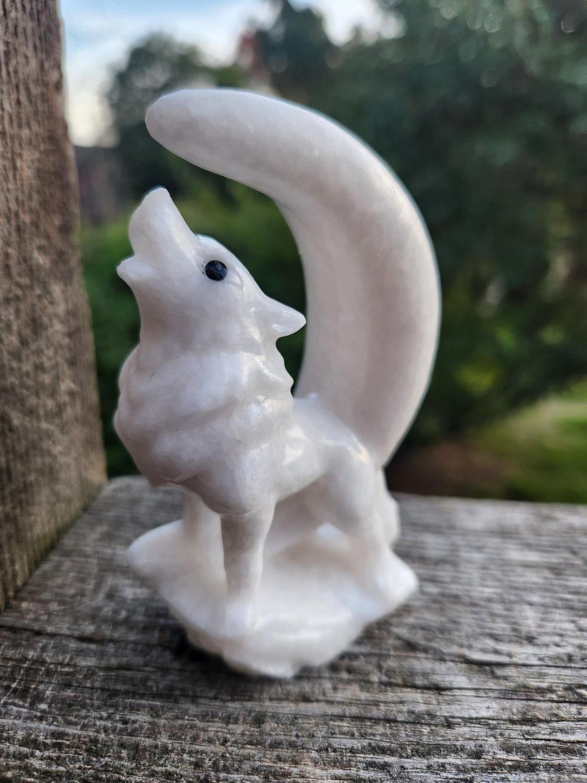 Carved White Calcite Howling Wolf with Moon Crystal, All Natural Crystal
