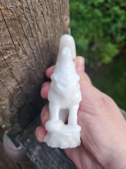 Carved White Calcite Howling Wolf with Moon Crystal, All Natural Crystal