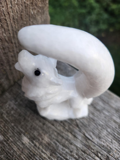 Carved White Calcite Howling Wolf with Moon Crystal, All Natural Crystal