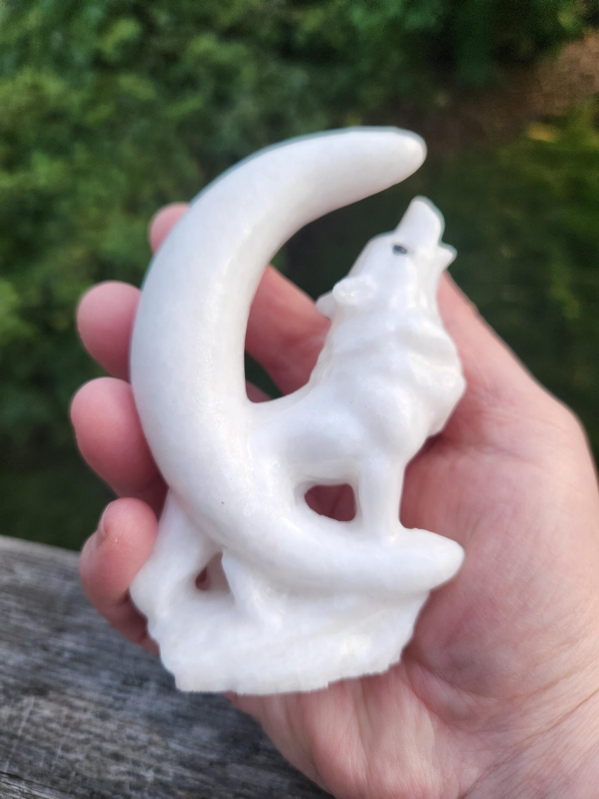 Carved White Calcite Howling Wolf with Moon Crystal, All Natural Crystal
