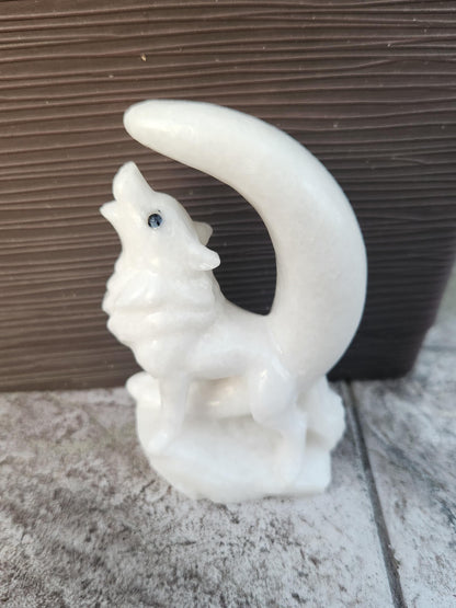 Carved White Calcite Howling Wolf with Moon Crystal, All Natural Crystal