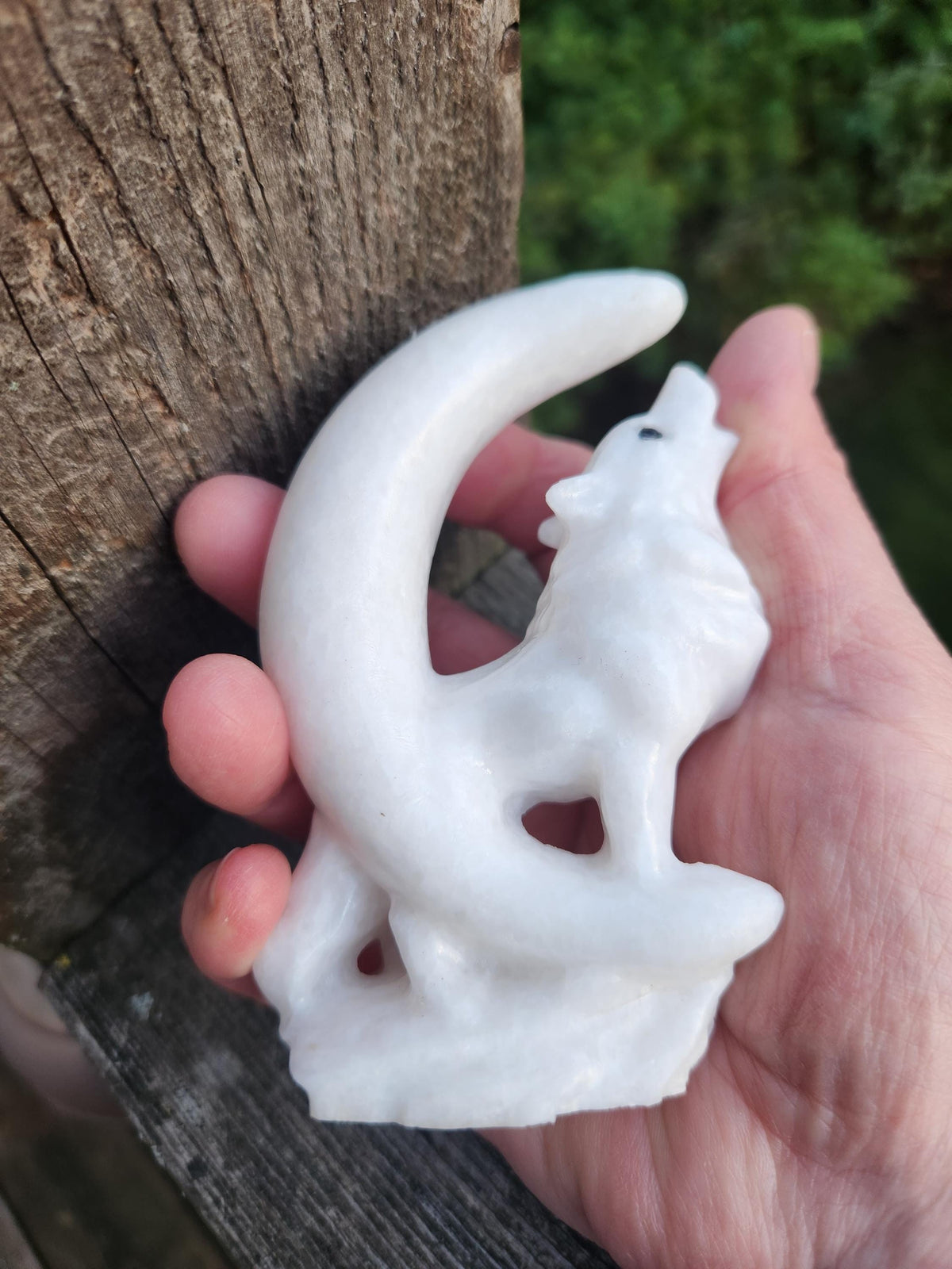 Carved White Calcite Howling Wolf with Moon Crystal, All Natural Crystal