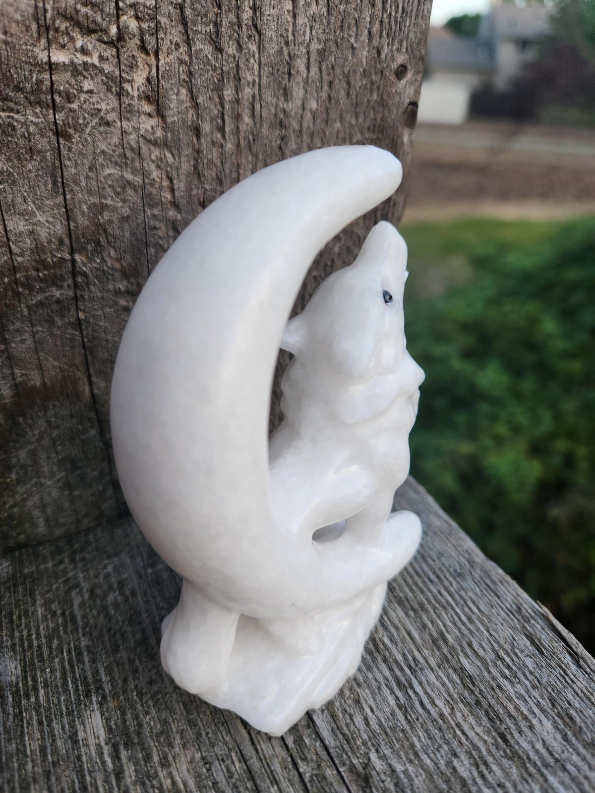 Carved White Calcite Howling Wolf with Moon Crystal, All Natural Crystal