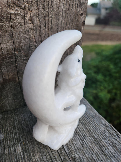 Carved White Calcite Howling Wolf with Moon Crystal, All Natural Crystal