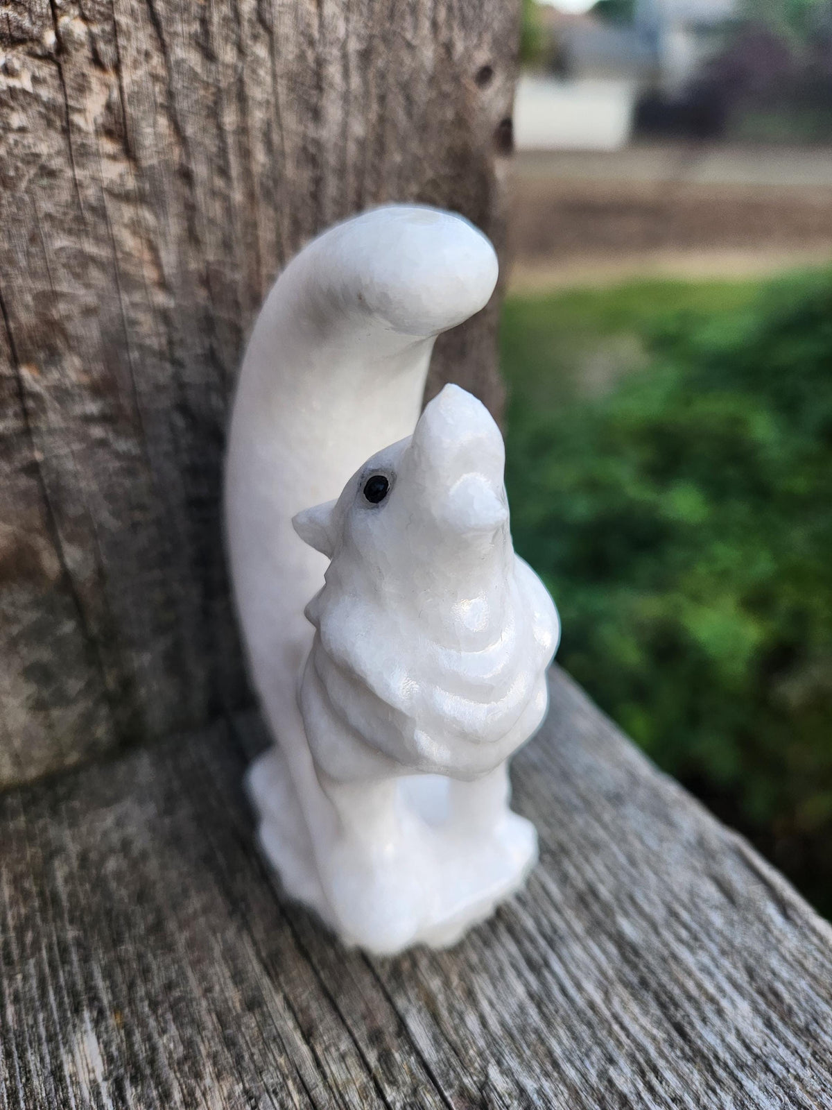 Carved White Calcite Howling Wolf with Moon Crystal, All Natural Crystal