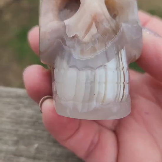 Crazy Cool Scary Flower Agate Crystal Skull with flower plumes, Baraka, Long face skull