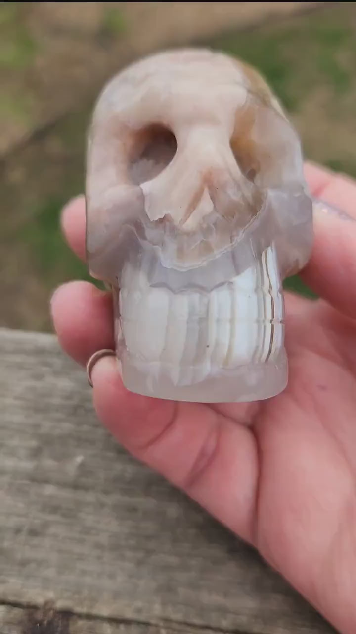 Crazy Cool Scary Flower Agate Crystal Skull with flower plumes, Baraka, Long face skull