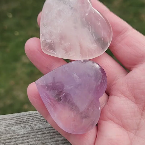 Set of 2 Hearts Purple Ametrine Amethyst Crystal and Rose Quartz Carved Hearts