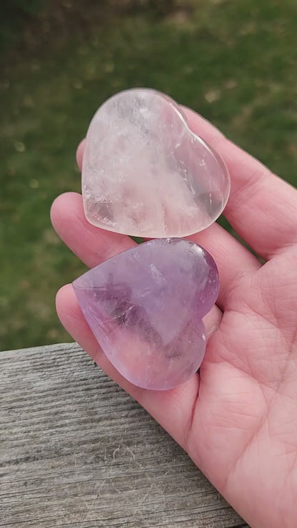 Set of 2 Hearts Purple Ametrine Amethyst Crystal and Rose Quartz Carved Hearts