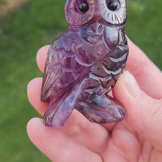 Beautiful Dark Purple Carved Fluorite Crystal Owl Natural Stone, lots of detail