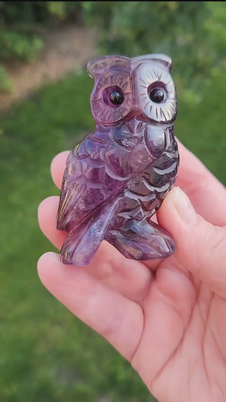 Beautiful Dark Purple Carved Fluorite Crystal Owl Natural Stone, lots of detail