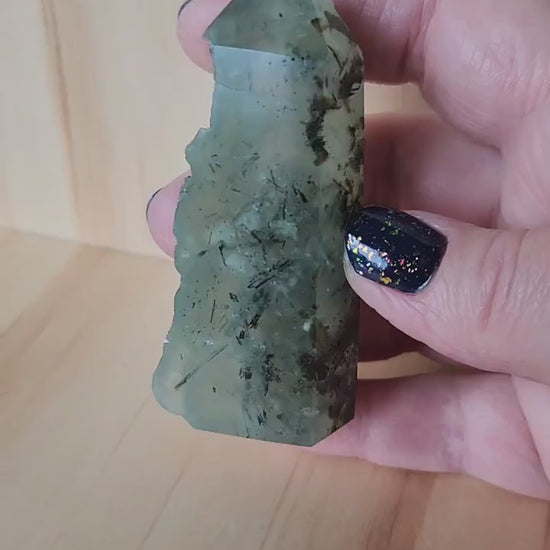 Beautiful High Quality Prehnite with Epidote Crystal, Half Polish Point, Tower