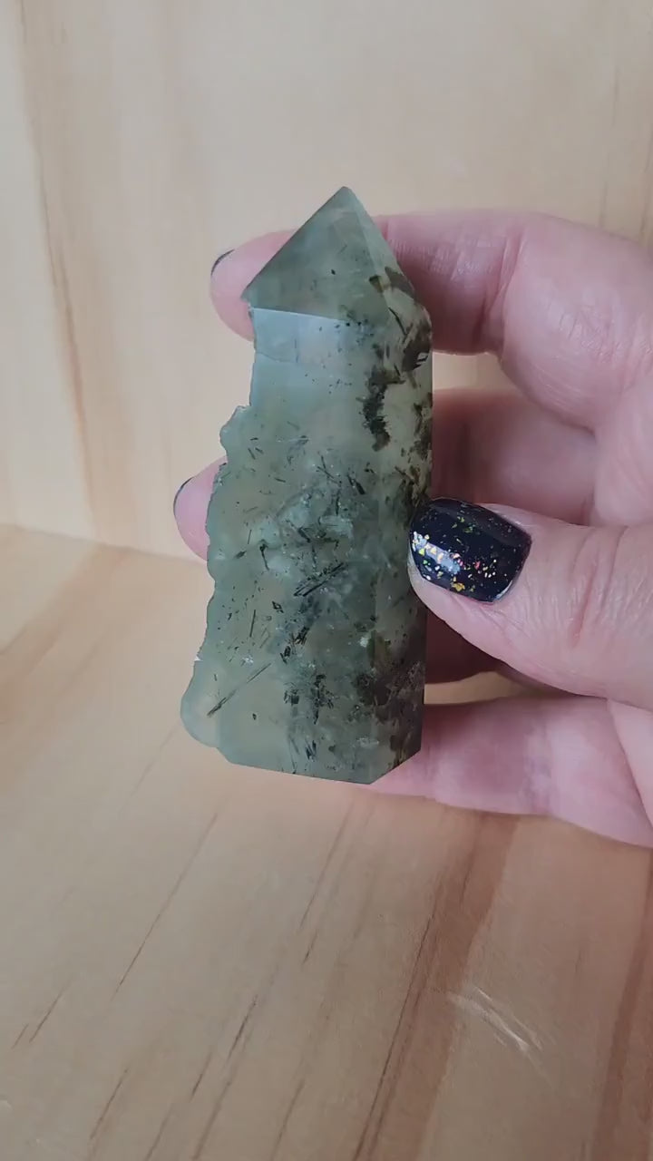 Beautiful High Quality Prehnite with Epidote Crystal, Half Polish Point, Tower