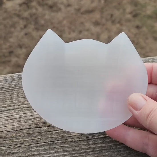 Beautiful Selenite Crystal Cat Shallow Bowl Tray Charging