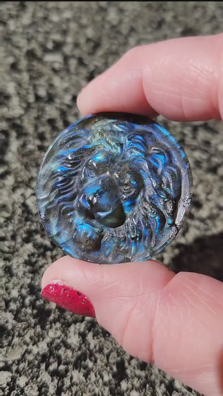 Labradorite Crystal Lion Coin Carving: Hand Carved Palm Stone with Extreme Flash