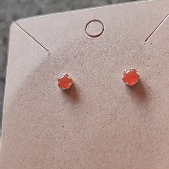 Beautiful All Natural Carnelian Crystal Round Stud Earrings Sterling Silver, Jewelry