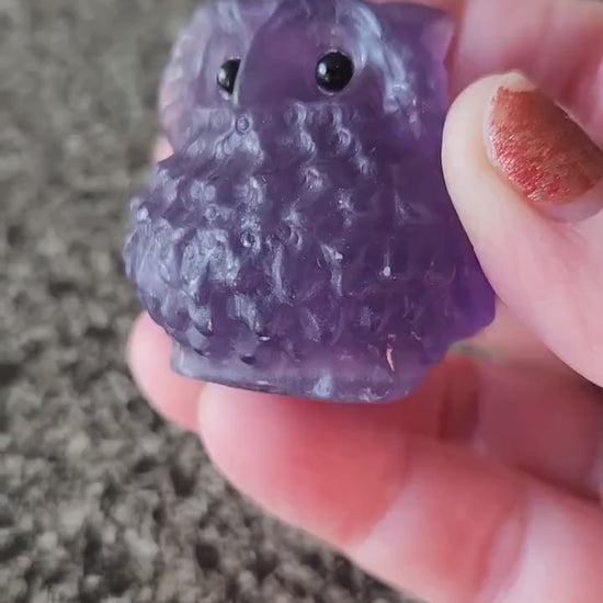 Carved Purple Fluorite Crystal Owl, Unique
