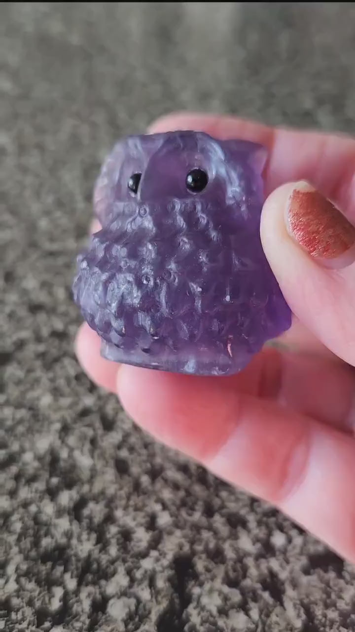 Carved Purple Fluorite Crystal Owl, Unique