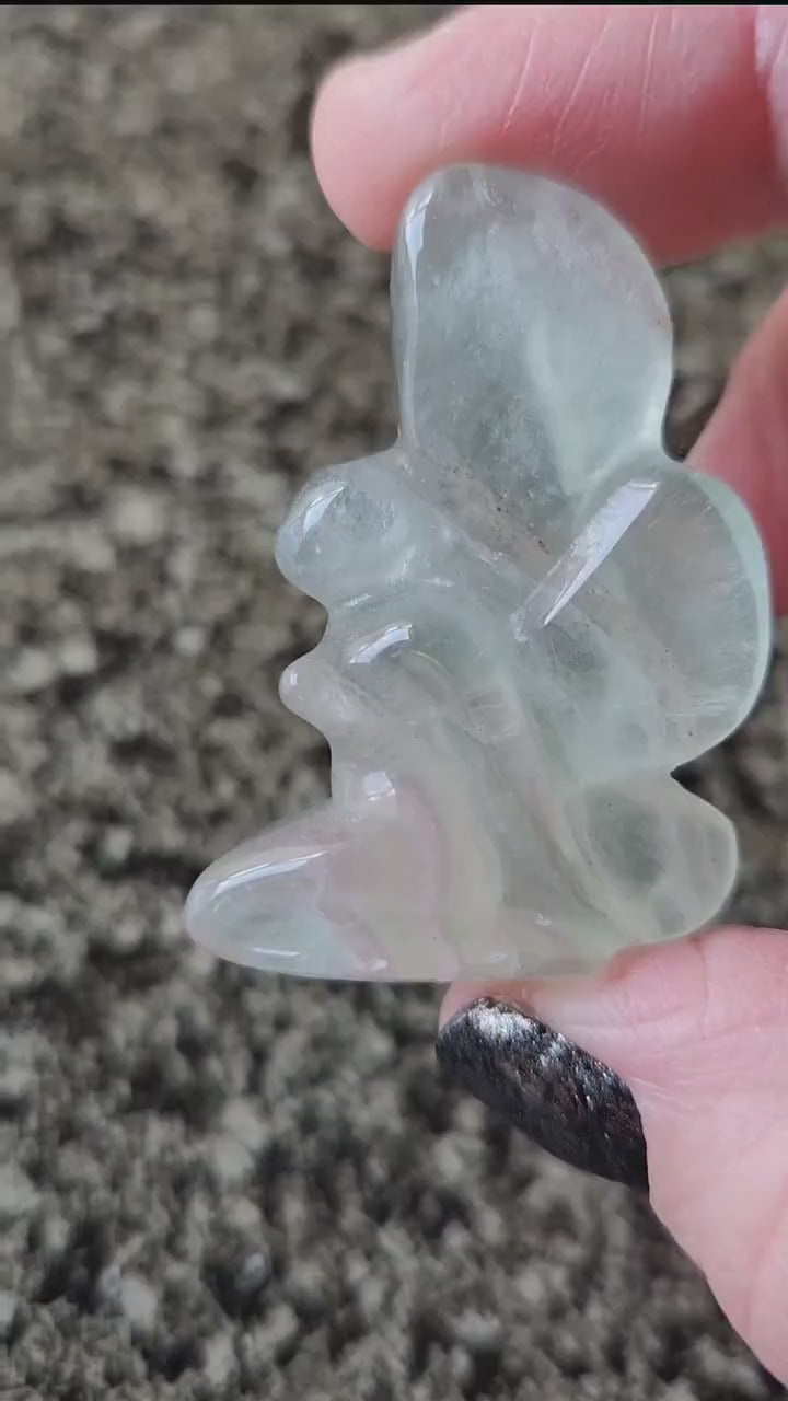 Light Green Fluorite with Purple Stripes Crystal Angel or Fairy - Unique Carved Stone, Small
