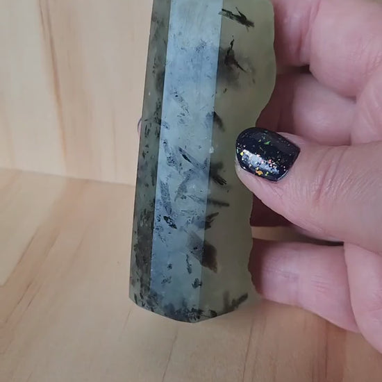 Beautiful High Quality Prehnite with Epidote Crystal, Half Polish Point, Tower
