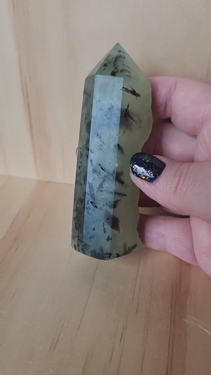 Beautiful High Quality Prehnite with Epidote Crystal, Half Polish Point, Tower